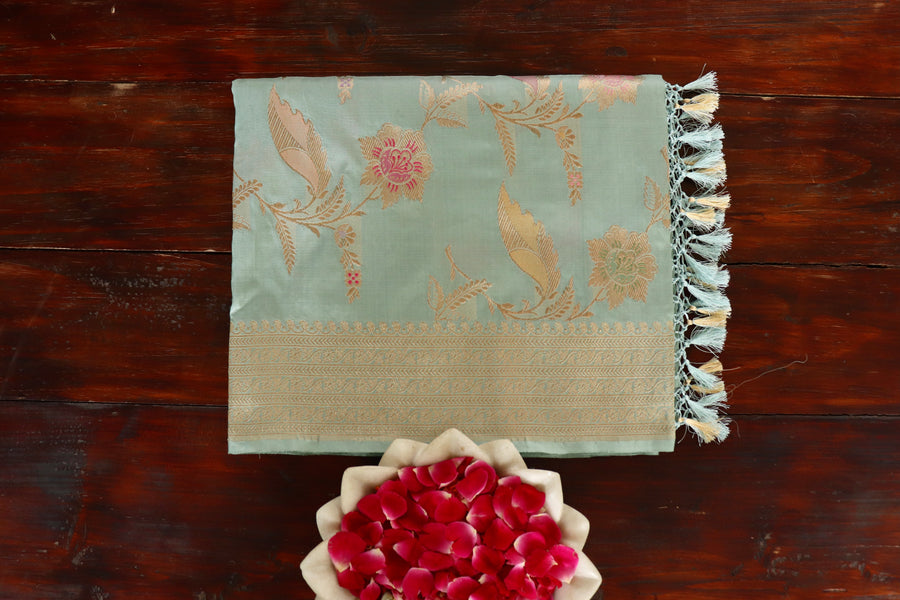 Sage Green Kadhua Pure Silk Jangla Handwoven Saree