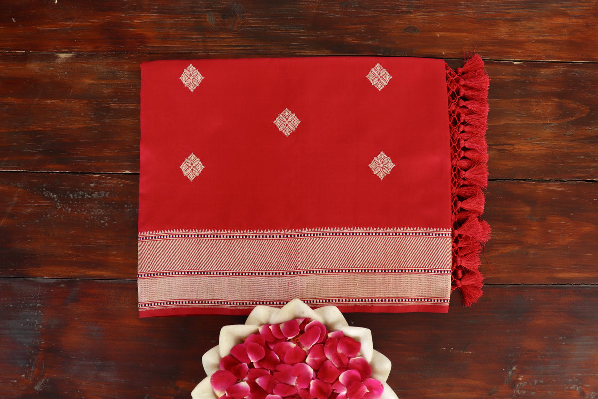 Red Diamond Buti Kadhua Motif Pure Katan Silk Handloom Saree