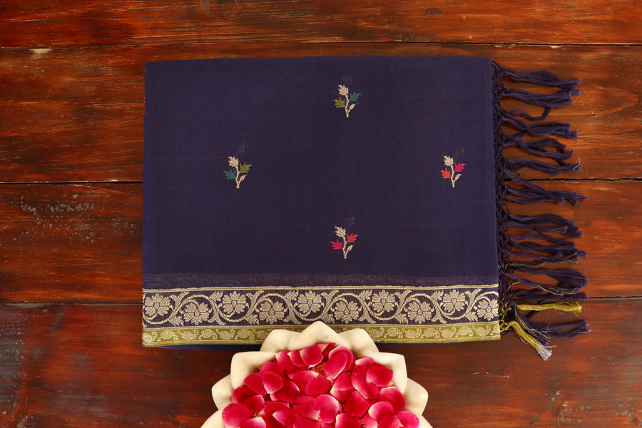 Navy Meenakari Buti Cotton Kadhua Motif Banarasi Handloom Saree