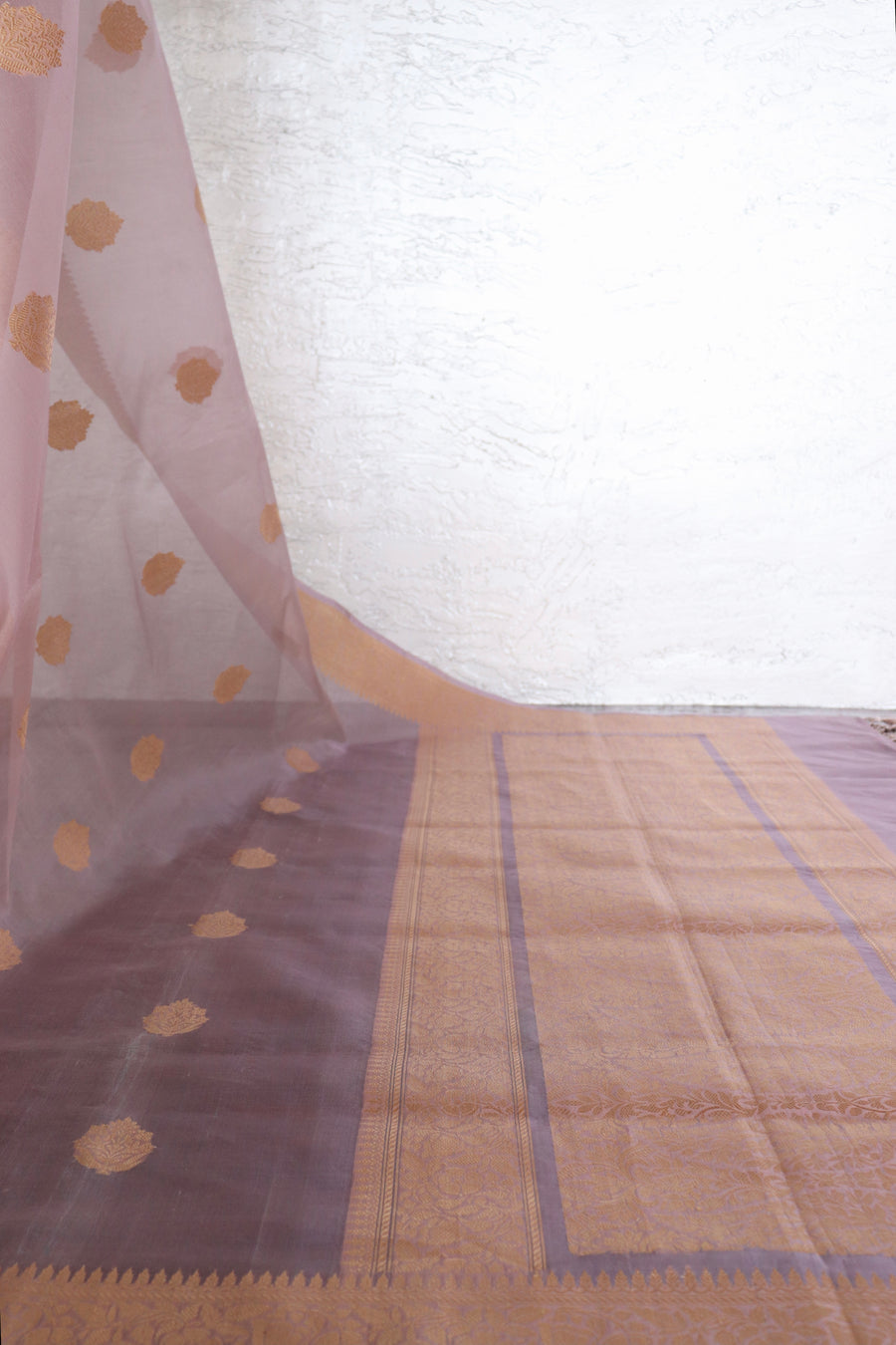 Pale Mauve Parizaat Motif Pure Kora Silk Handloom Saree