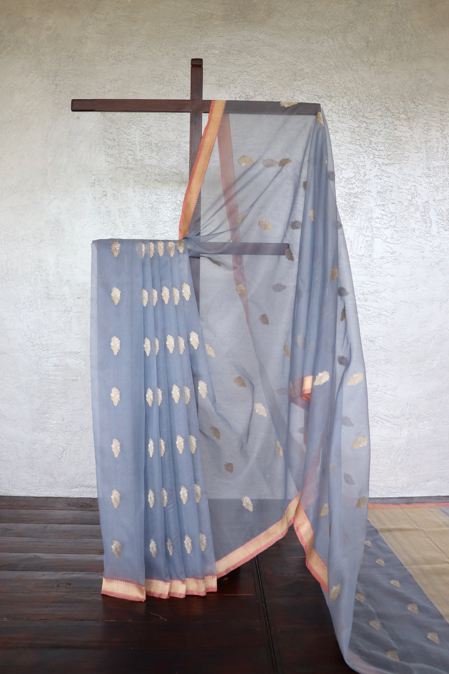 Slate Blue Nargis Motif Pure Silk Handloom Banarsi Saree