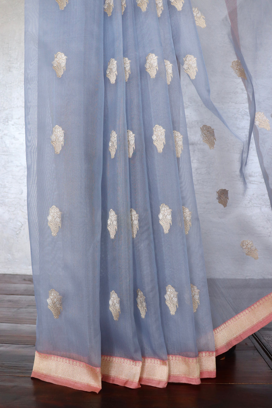 Slate Blue Nargis Motif Pure Silk Handloom Banarsi Saree