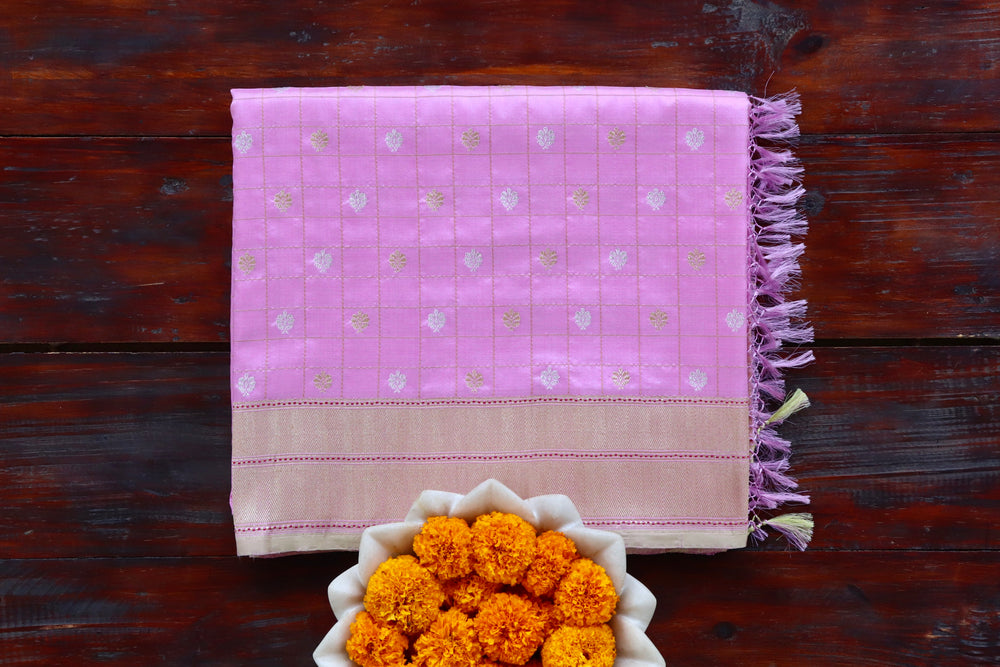Pink handloom Banarsi saree with check motifs in pure silk