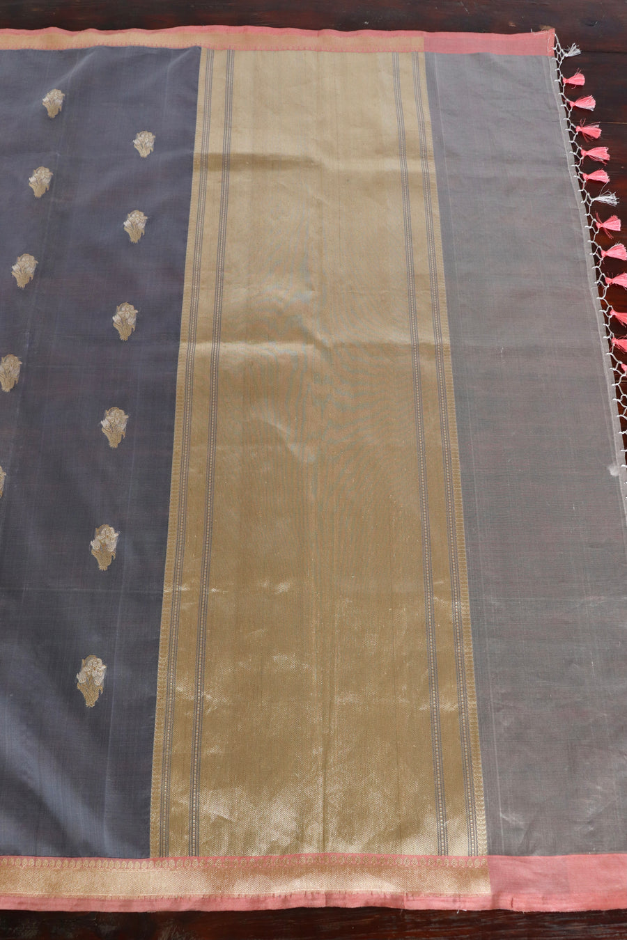 Slate Blue Nargis Motif Pure Silk Handloom Banarsi Saree
