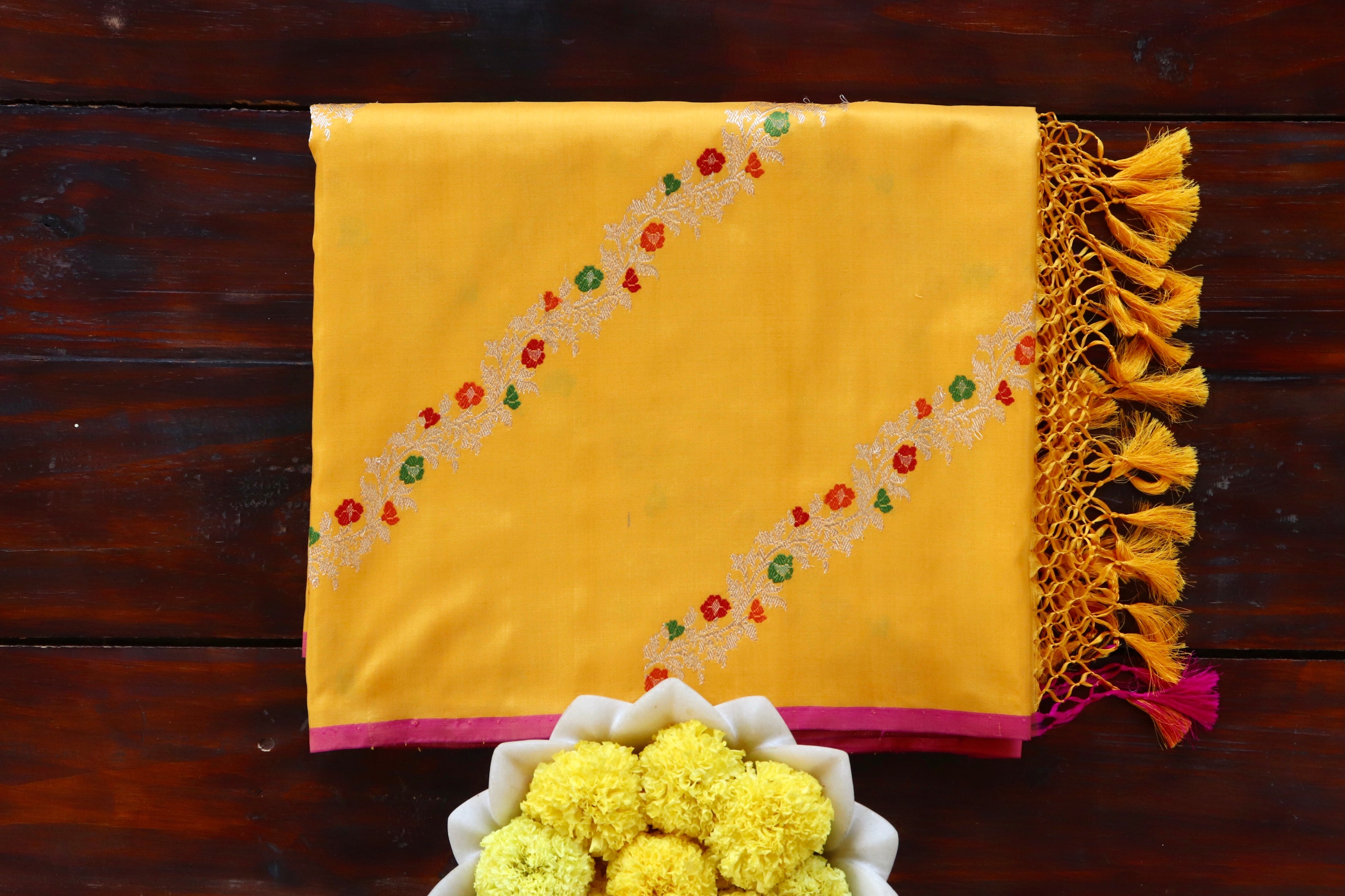 Yellow Aada Jangla Pure Kora Silk Banarasi Saree