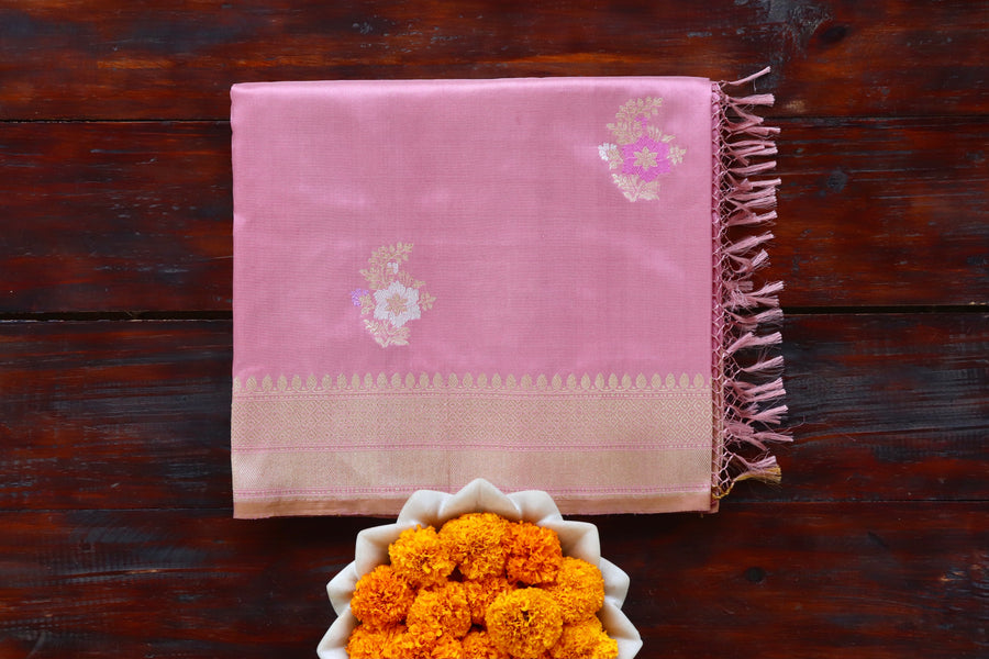 Taffy Pink Guldasta Motif Pure Silk Saree | Stuti Weaves