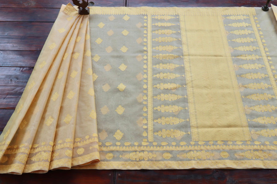 Yellow Resham Kadhua Pure Kora Silk Handloom Saree