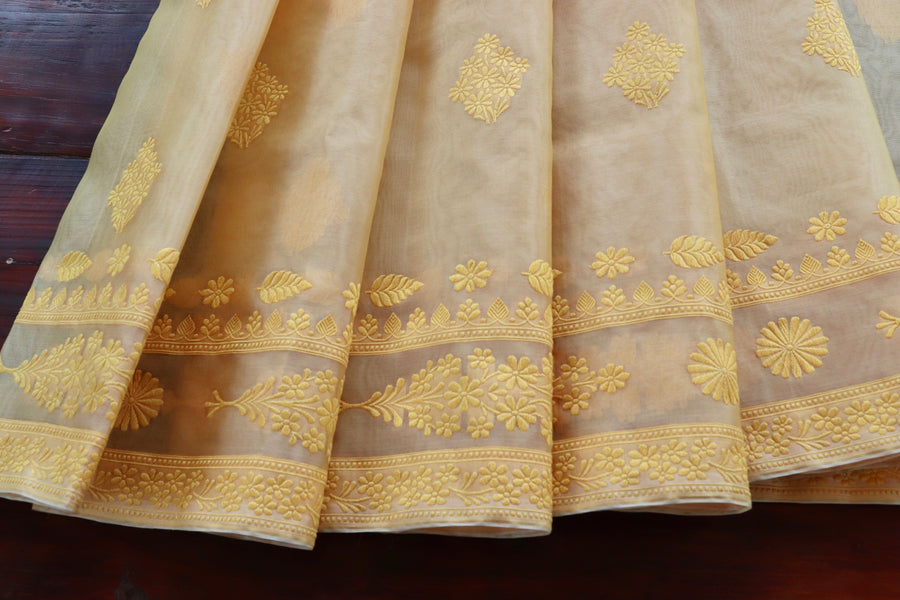 Yellow Resham Kadhua Pure Kora Silk Handloom Saree