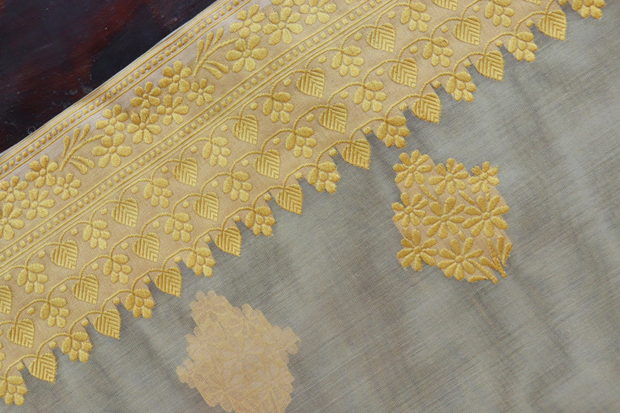 Yellow Resham Kadhua Pure Kora Silk Handloom Saree