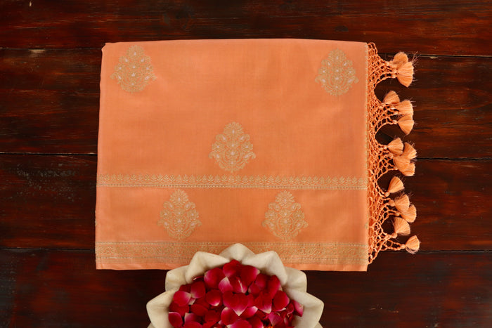 Peachish Orange Kadhua Silk Banarsi Saree | Stuti Weaves
