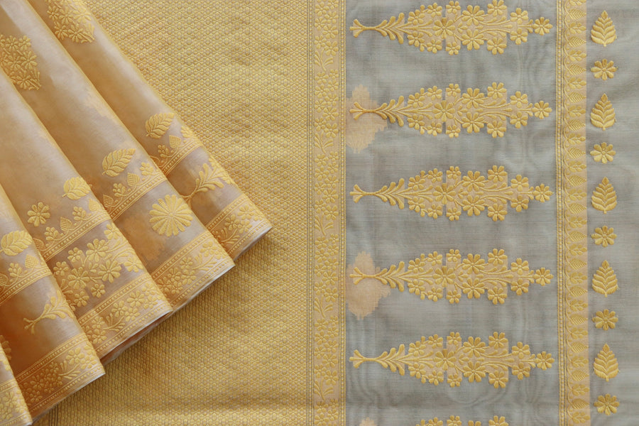 Yellow Resham Kadhua Pure Kora Silk Handloom Saree
