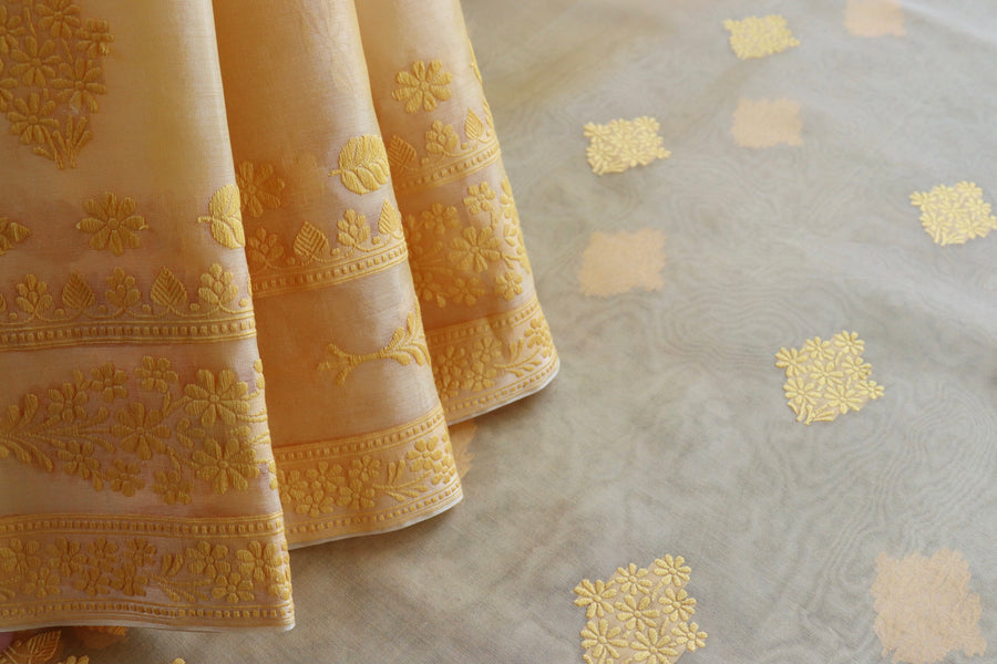 Yellow Resham Kadhua Pure Kora Silk Handloom Saree