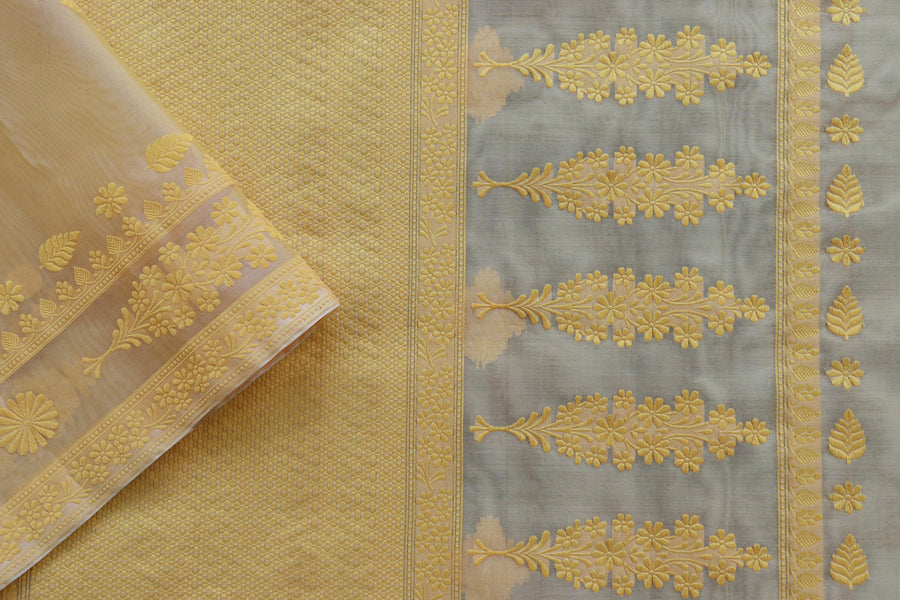 Yellow Resham Kadhua Pure Kora Silk Handloom Saree