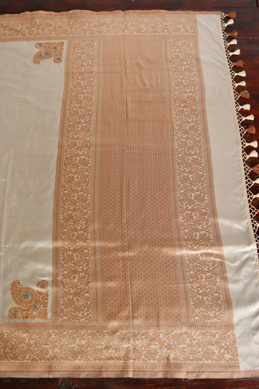 Off-White & Brown Kuniya Pure Silk Banarsi Handloom Saree