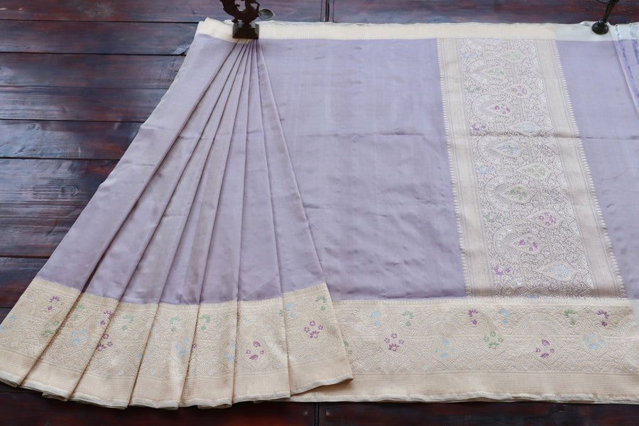 Lavender With Ivory Tissue With Meenadar Silk Kadiyal Banarasi Saree