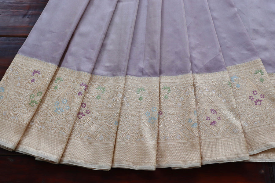 Lavender With Ivory Tissue With Meenadar Silk Kadiyal Banarasi Saree