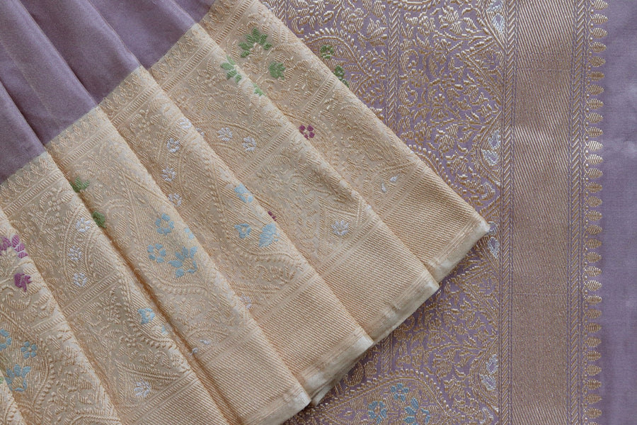 Lavender With Ivory Tissue With Meenadar Silk Kadiyal Banarasi Saree