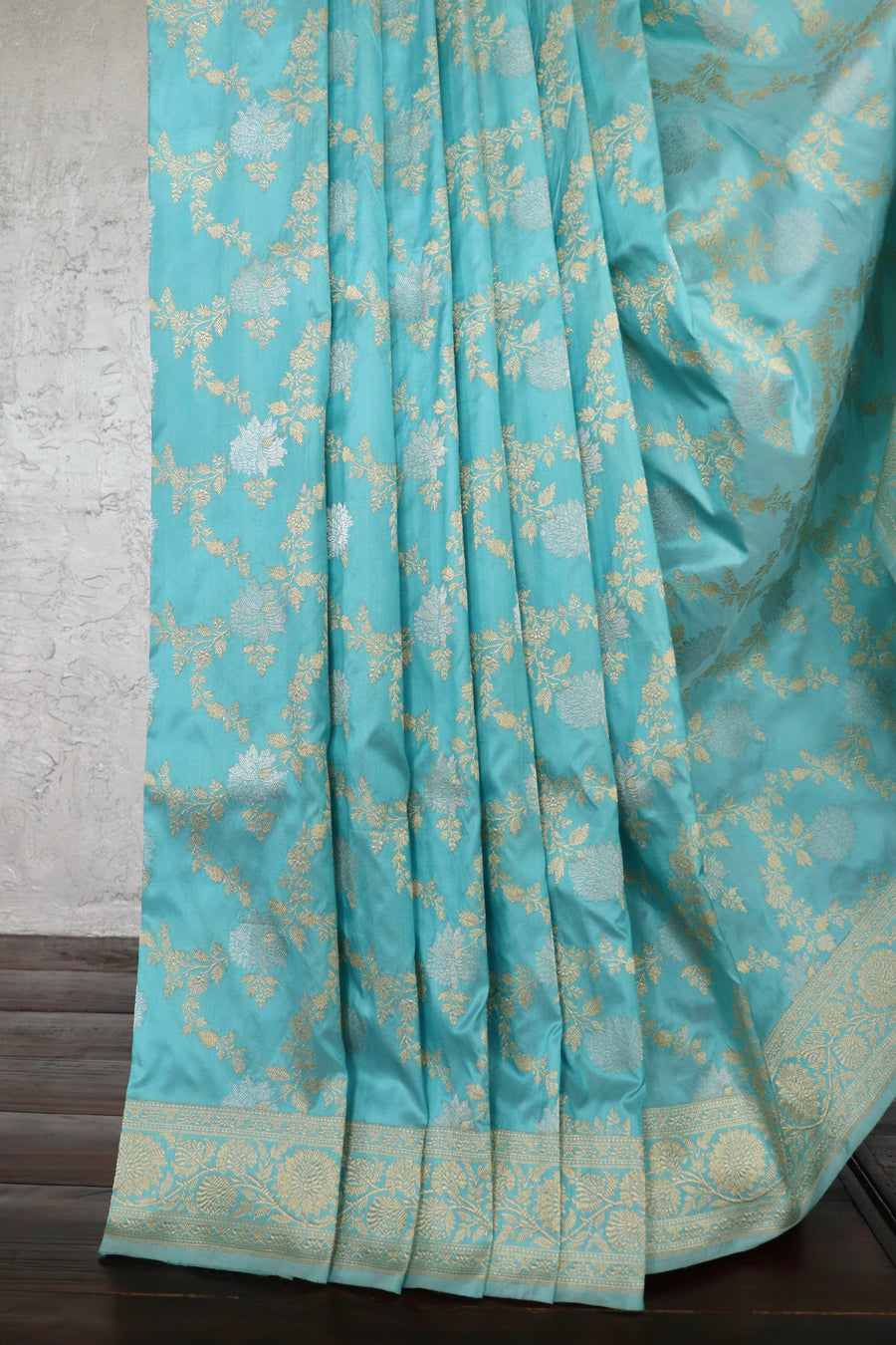 Sky Blue Jangla Pure Silk Handloom Banarsi Saree