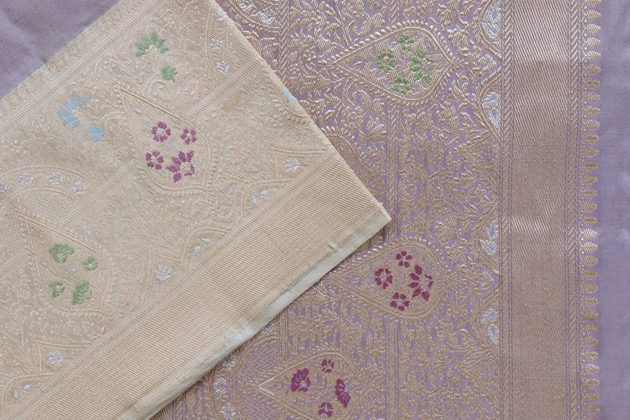 Lavender With Ivory Tissue With Meenadar Silk Kadiyal Banarasi Saree