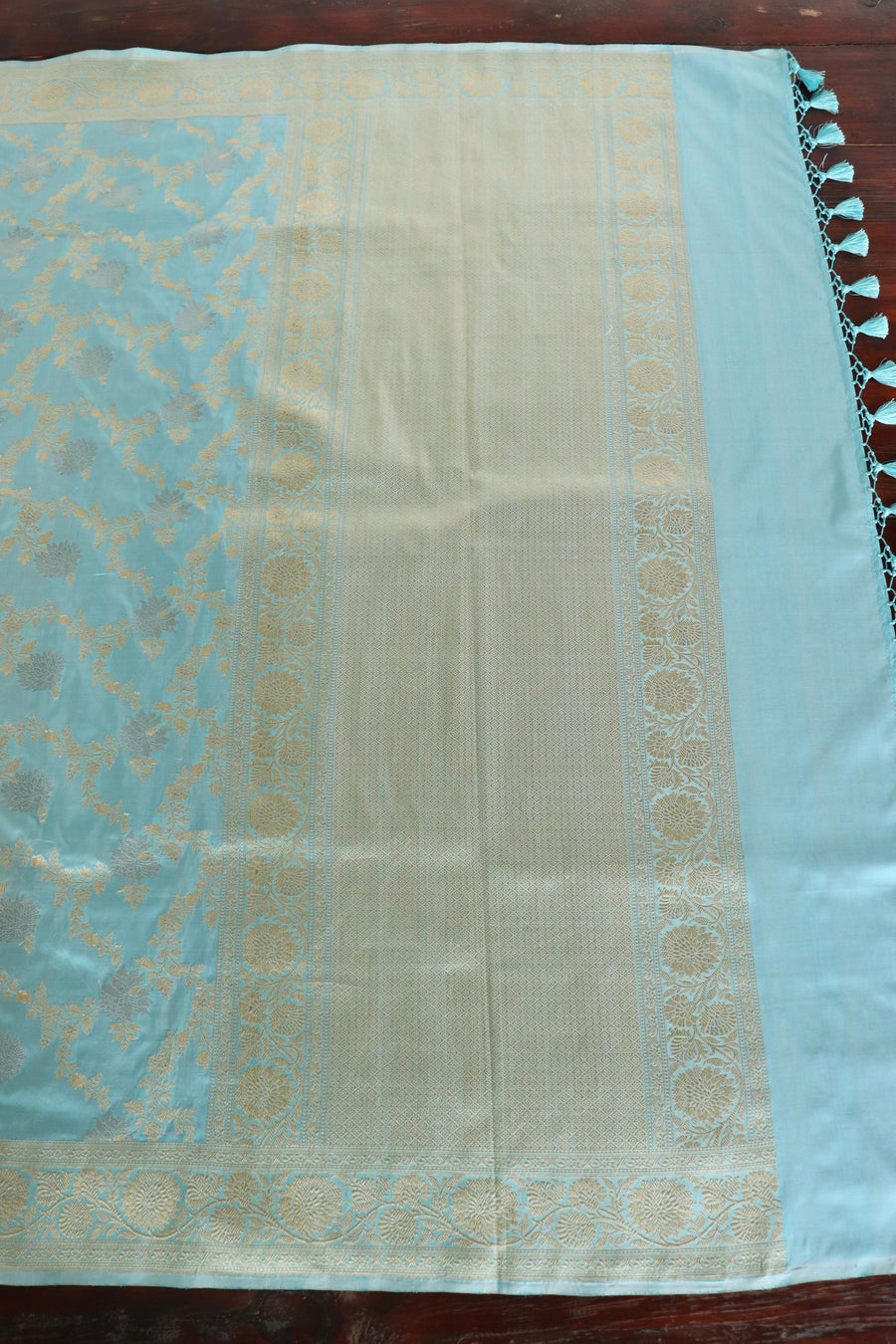 Sky Blue Jangla Pure Silk Handloom Banarsi Saree