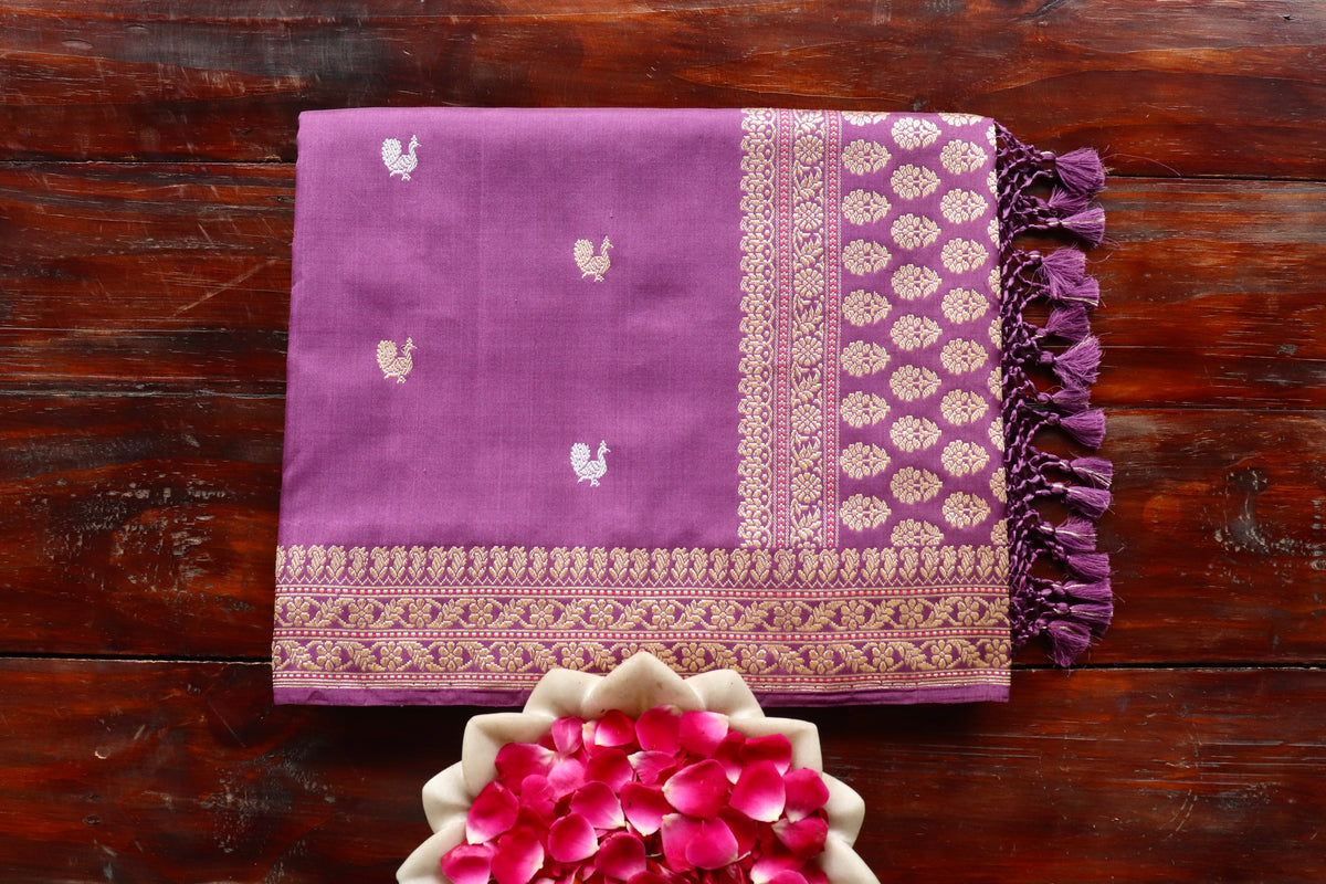 Lavender handloom Banarsi saree with peacock motifs in pure silk