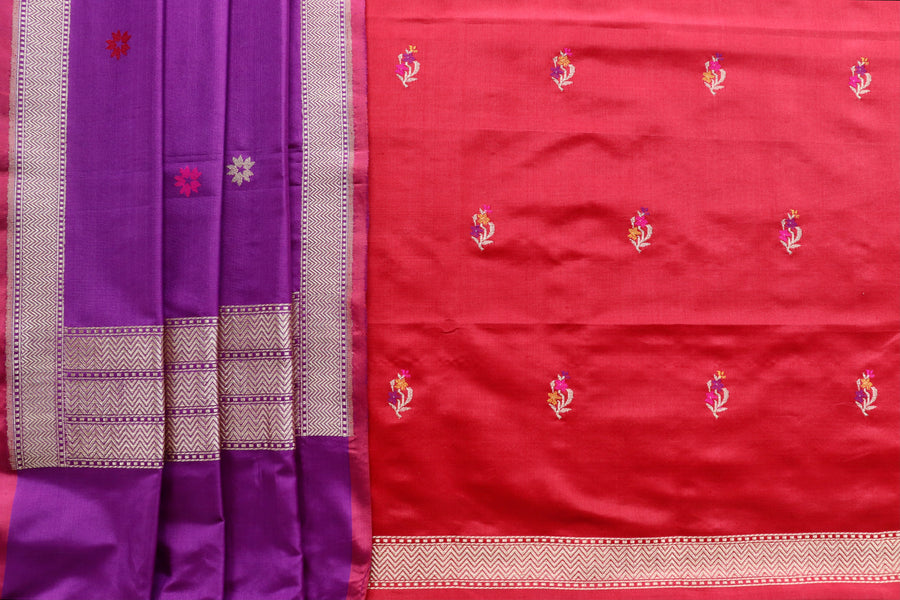 Red and Purple Meenakari Buti Banarasi Silk Suit Set