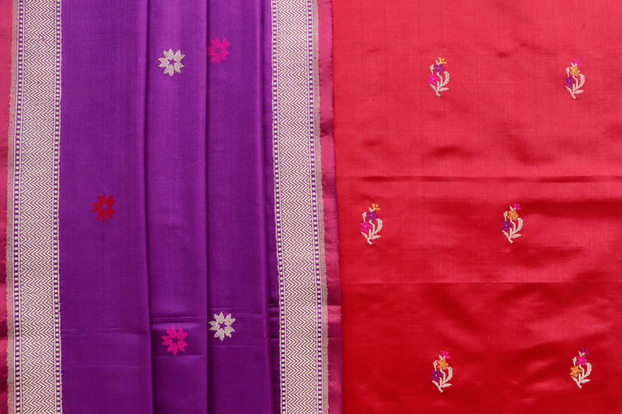 Red and Purple Meenakari Buti Banarasi Silk Suit Set