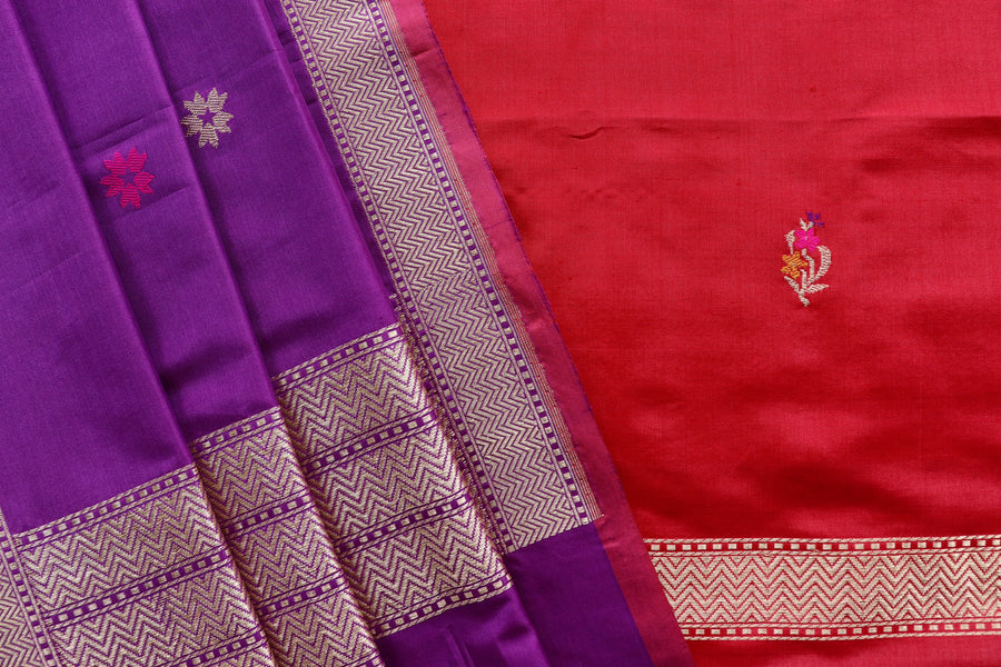 Red and Purple Meenakari Buti Banarasi Silk Suit Set