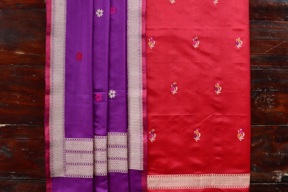 Red handloom Banarsi suit set with buti motifs in pure silk