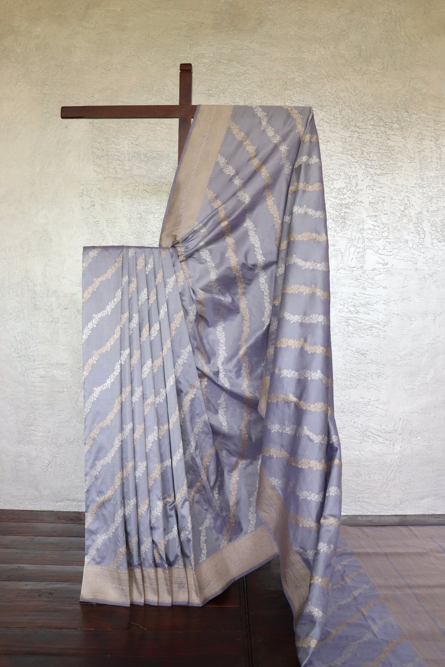 Lavender Grey Aada Jangla Pure Katan Silk Banarsi Saree