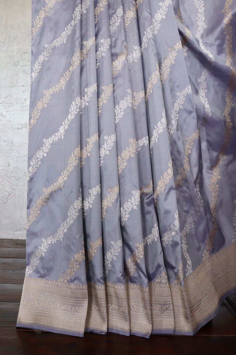 Lavender Grey Aada Jangla Pure Katan Silk Banarsi Saree