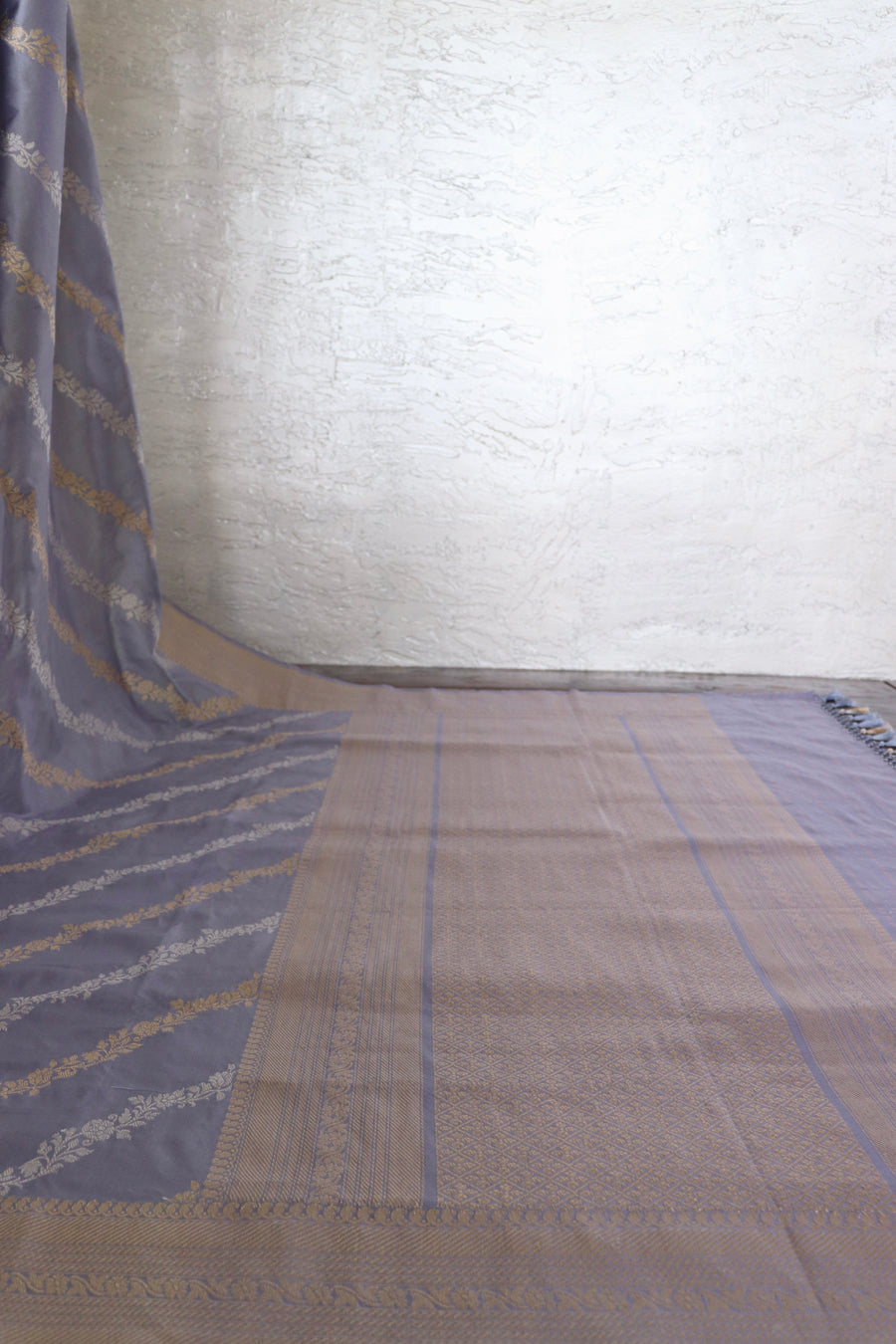Lavender Grey Aada Jangla Pure Katan Silk Banarsi Saree