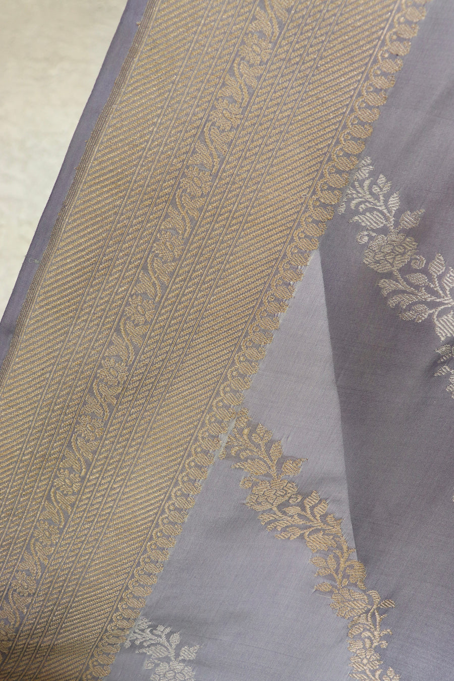 Lavender Grey Aada Jangla Pure Katan Silk Banarsi Saree