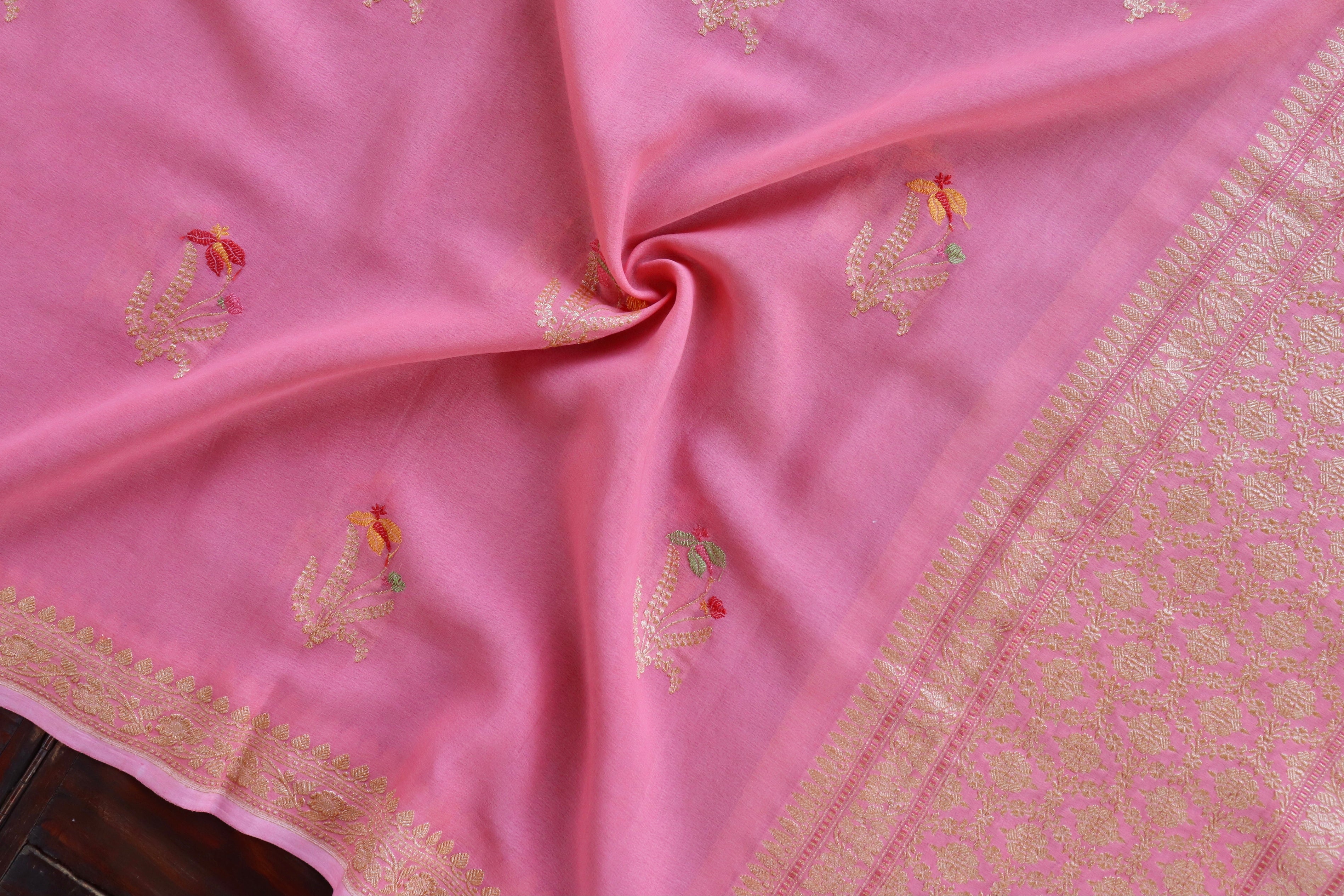 Pink Leaf Motif Pure Silk Handloom Banarasi Dupatta