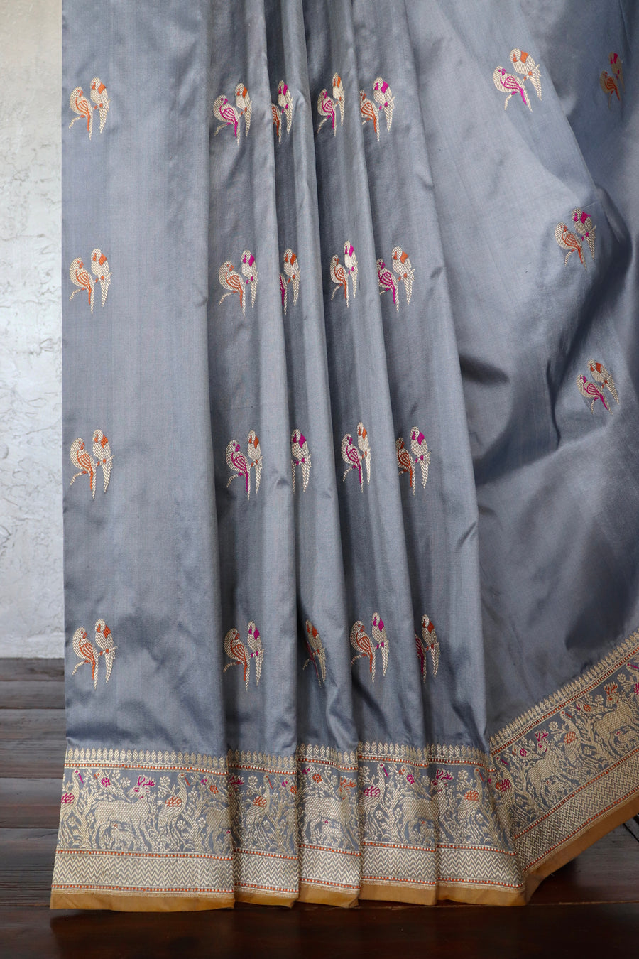 Grey Bird Motif Kadhua Pure Silk Handloom Banarasi Saree