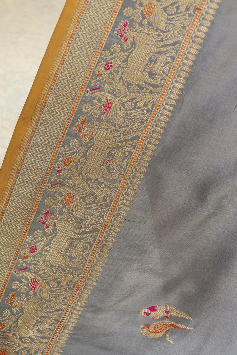 Grey Bird Motif Kadhua Pure Silk Handloom Banarasi Saree