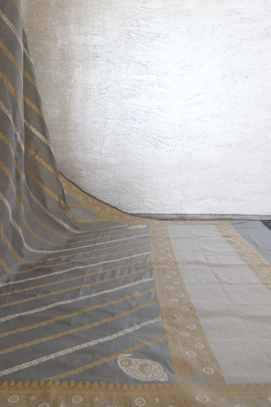 Dove - Grey Aada Jangla Pure Katan Silk Banarasi Saree