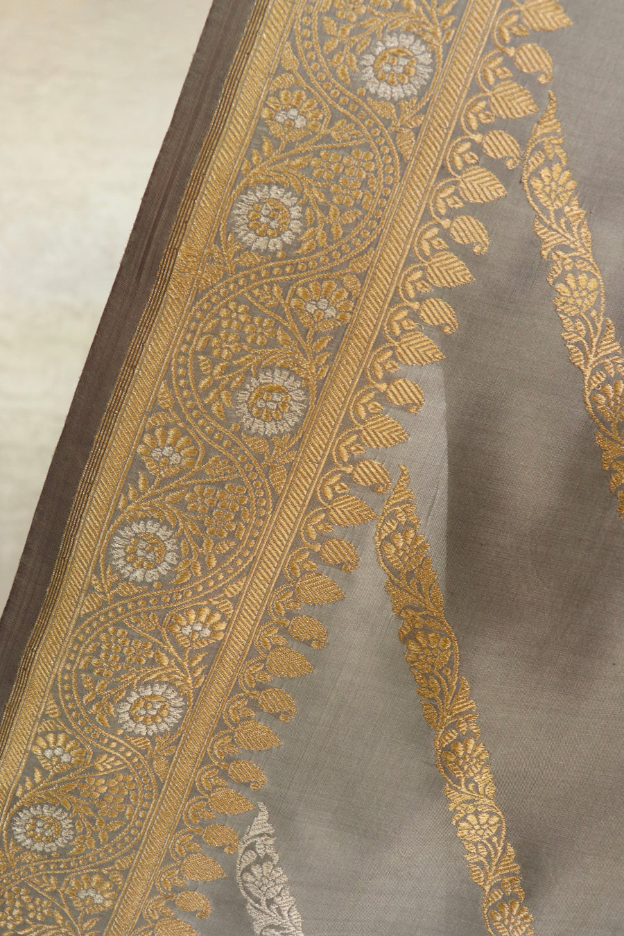 Dove - Grey Aada Jangla Pure Katan Silk Banarasi Saree
