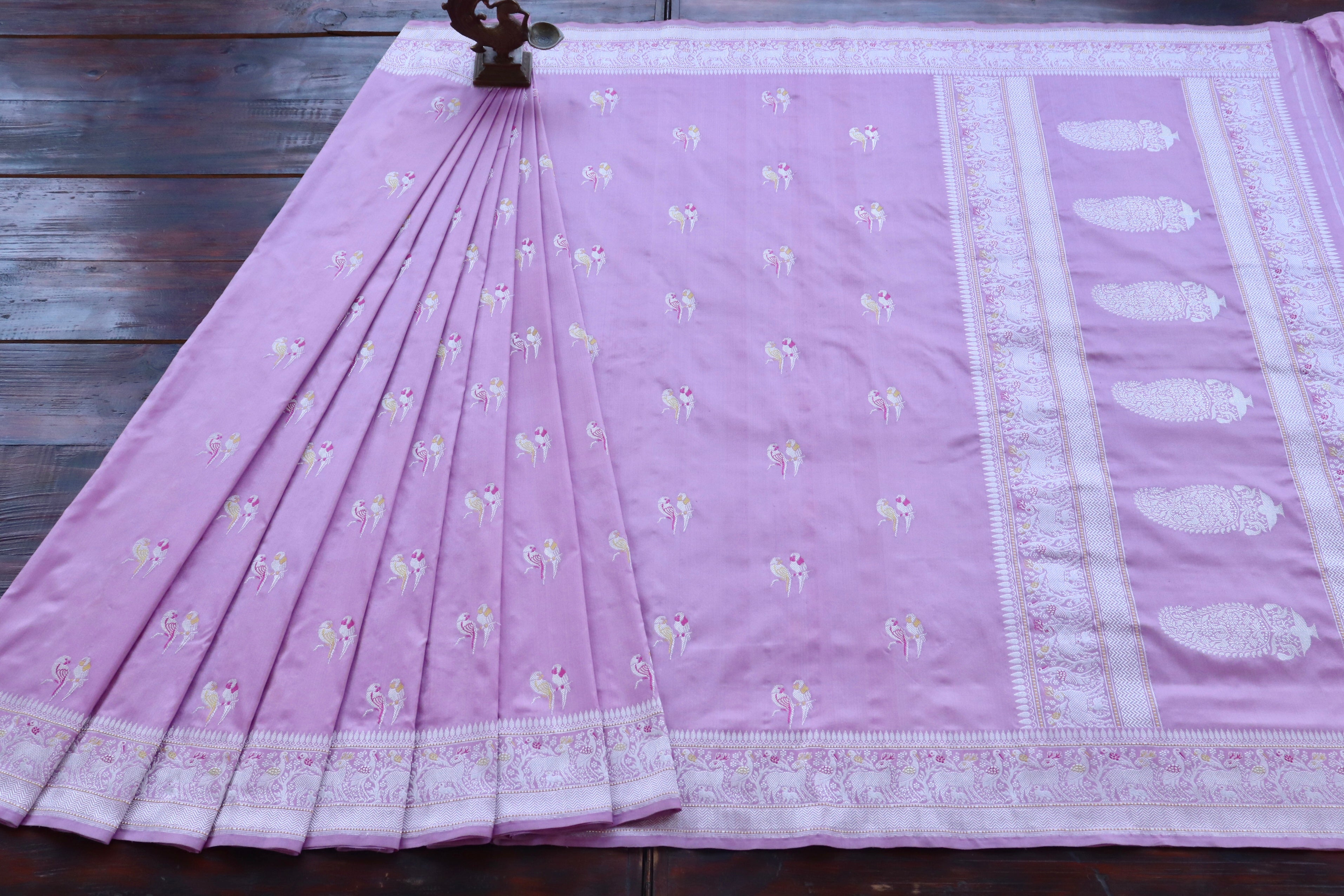 Lilac Bird Motif Pure Silk Handloom Banarasi Saree