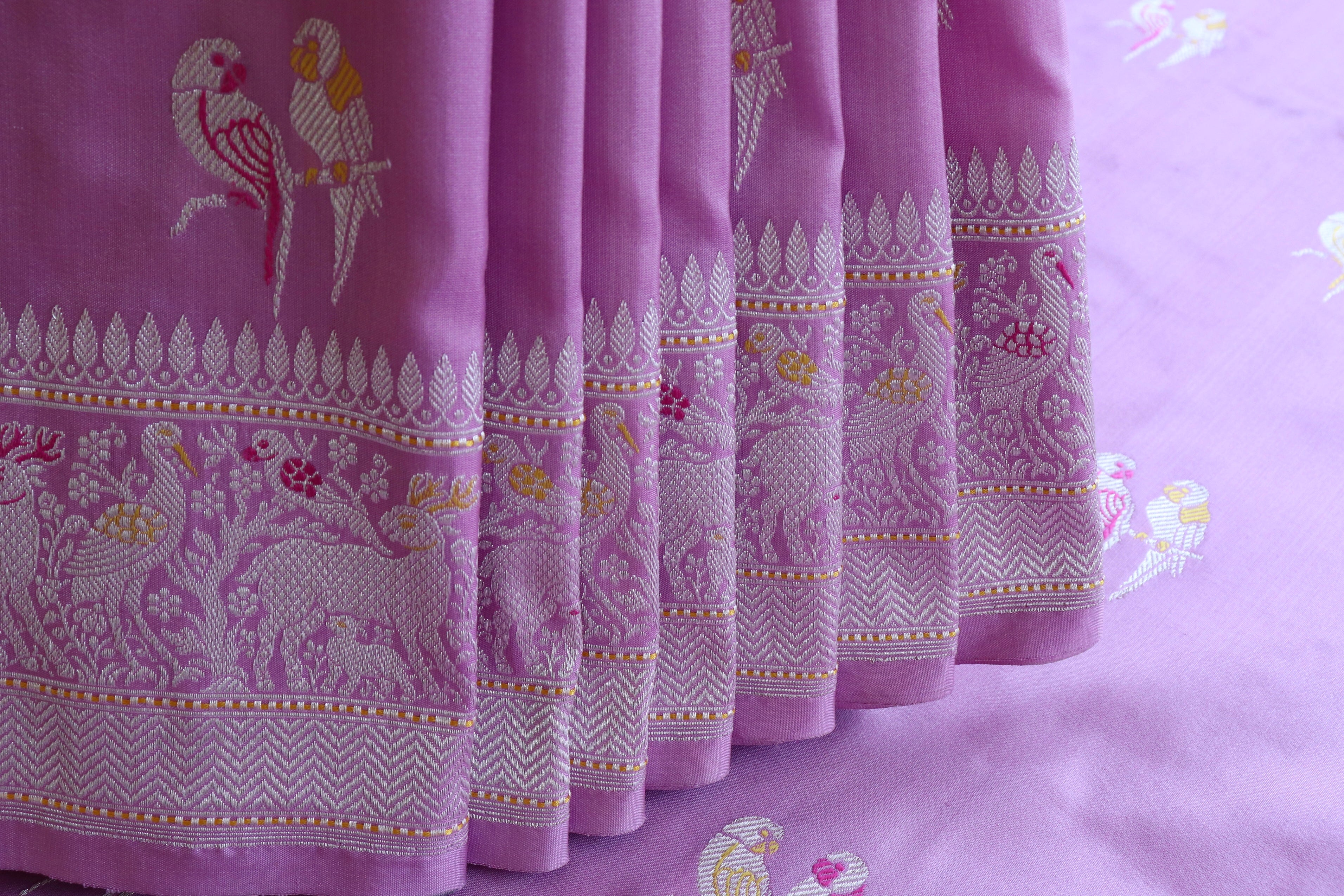 Lilac Bird Motif Pure Silk Handloom Banarasi Saree