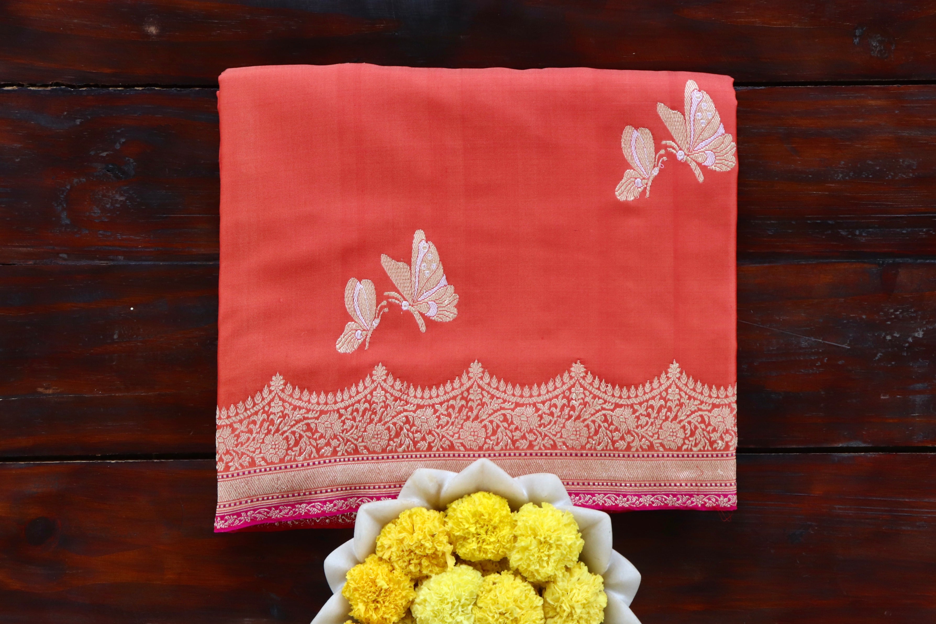 Rust Butterfly Motif Pure Silk Handloom Banarasi Saree
