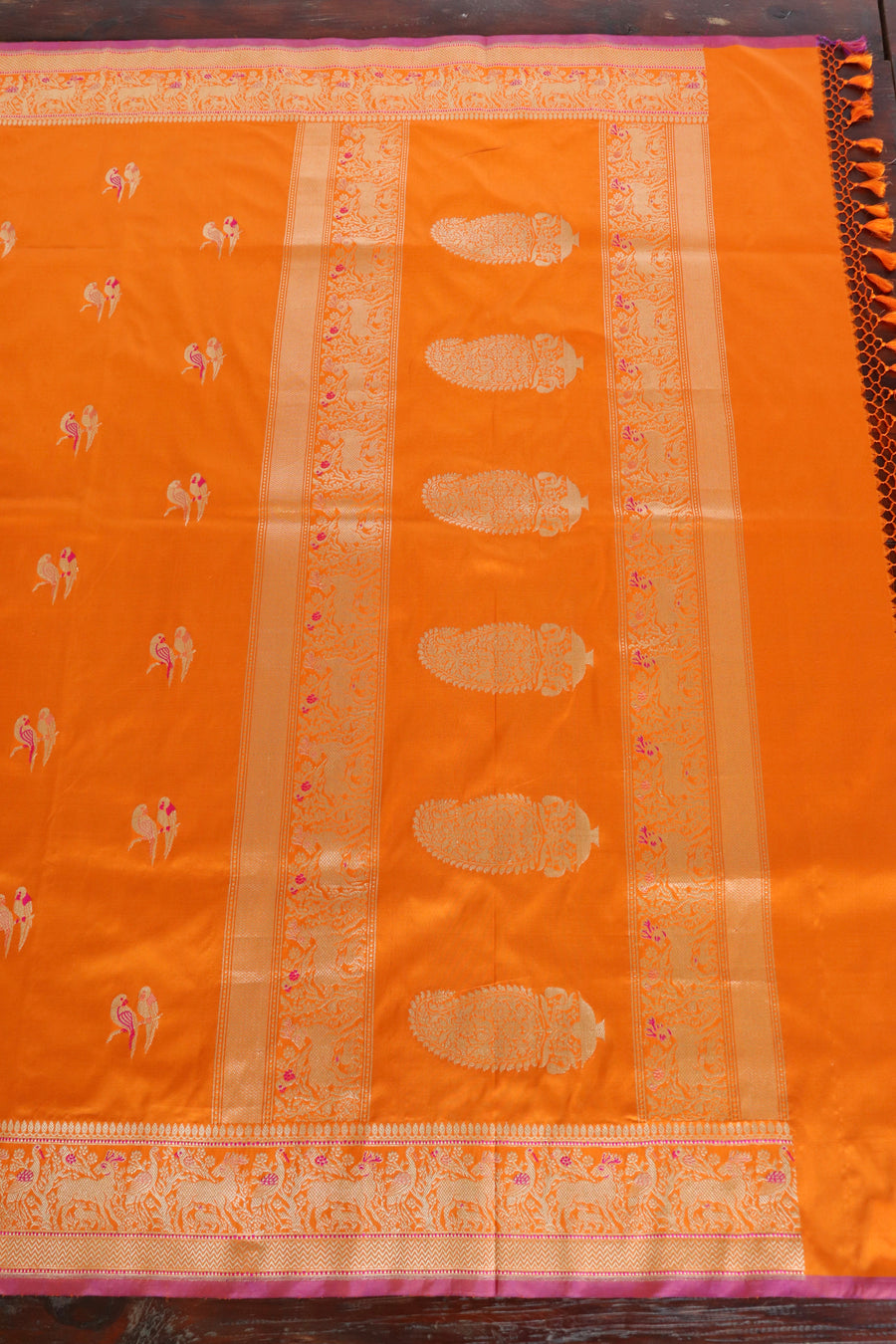 Orange Bird Motif Kadhua Pure Silk Handloom Banarasi Saree