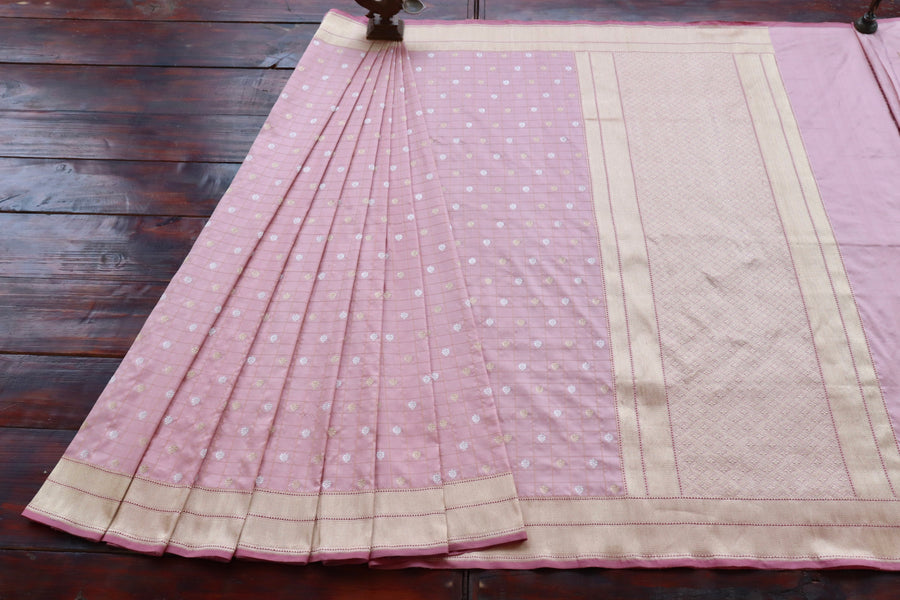 Rose Pink Check Pure Silk Handloom Banarasi Saree