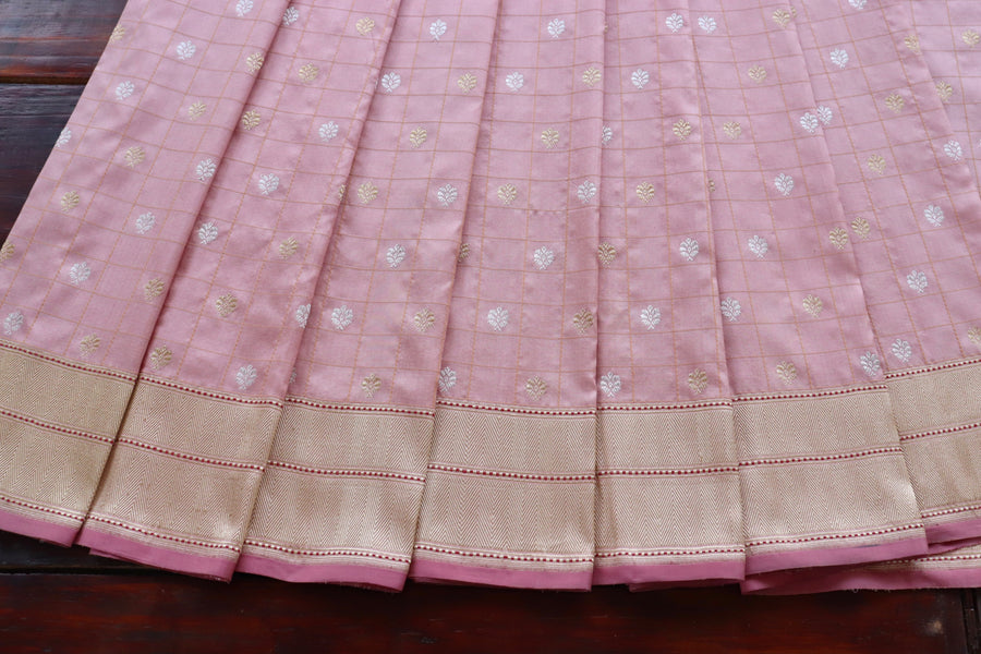 Rose Pink Check Pure Silk Handloom Banarasi Saree
