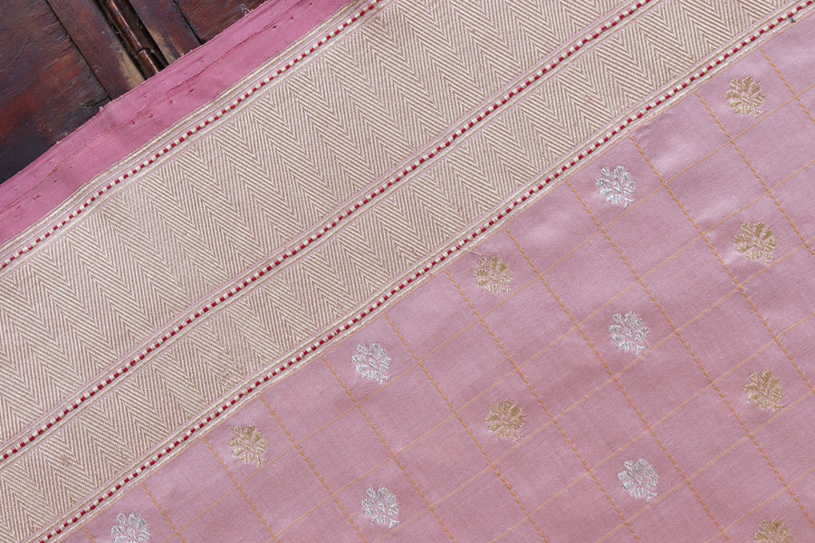 Rose Pink Check Pure Silk Handloom Banarasi Saree