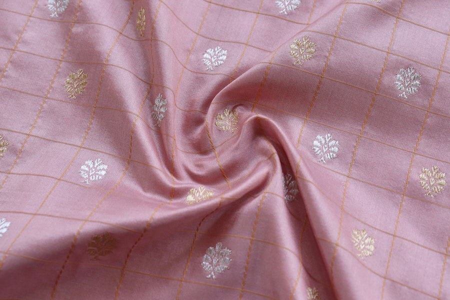 Rose Pink Check Pure Silk Handloom Banarasi Saree
