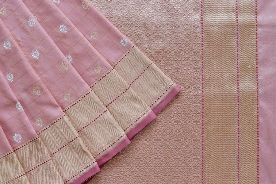 Rose Pink Check Pure Silk Handloom Banarasi Saree
