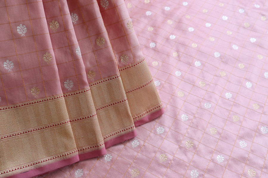 Rose Pink Check Pure Silk Handloom Banarasi Saree