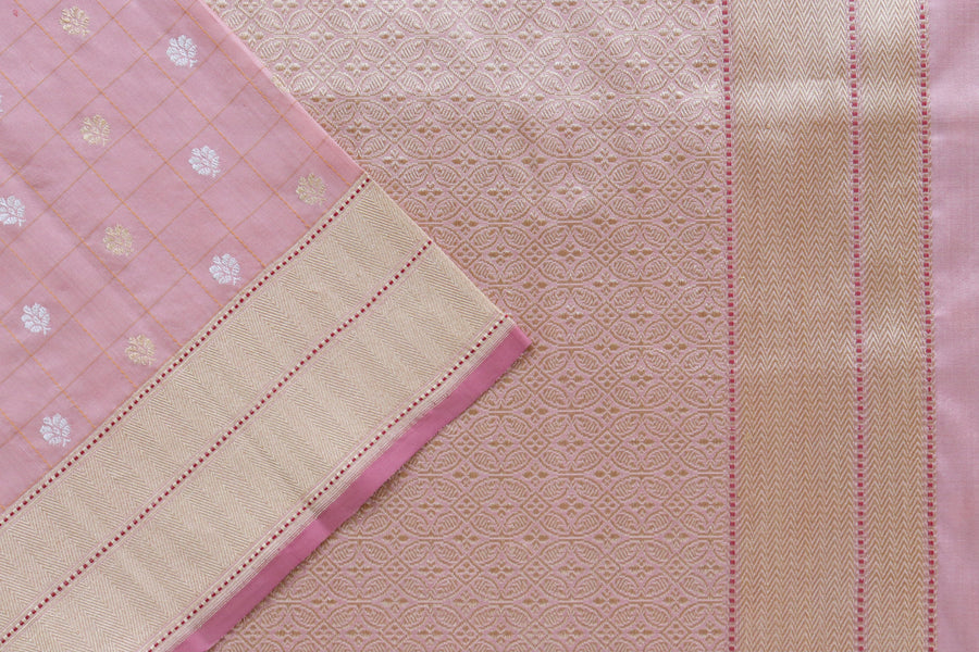 Rose Pink Check Pure Silk Handloom Banarasi Saree