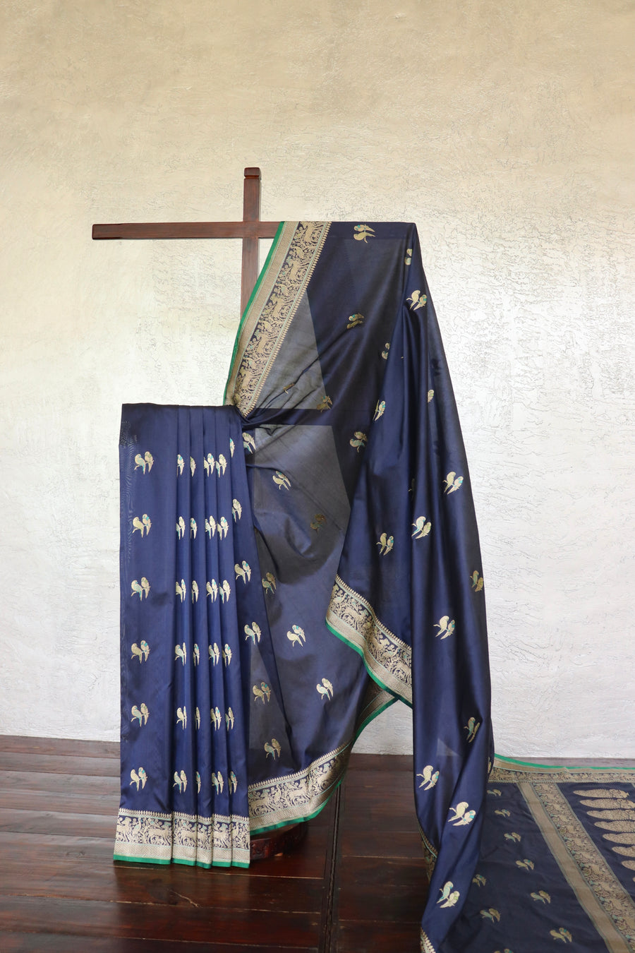 Navy Parrot  Bird Motif Kadhua Pure Silk Handloom Banarasi Saree
